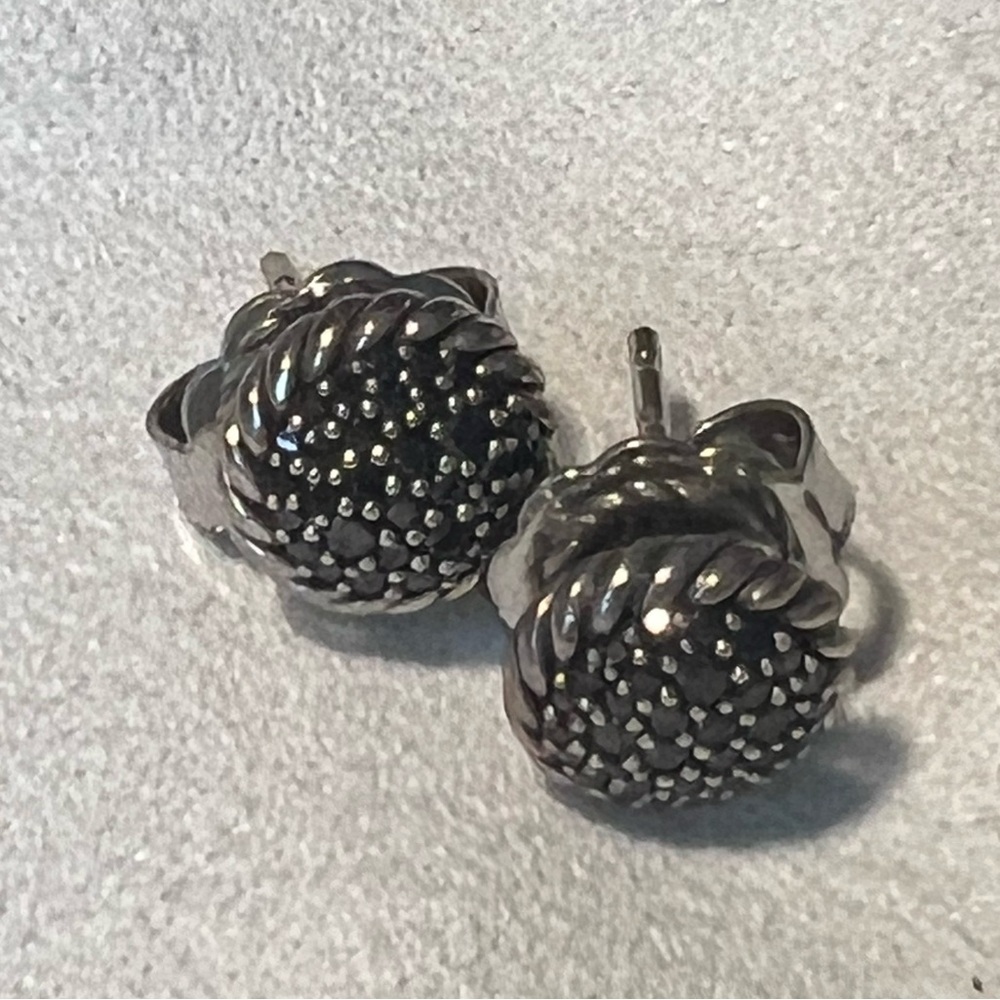 ✅ AUTH David Yurman BLACK DIAMOND Sterling Silver & white gold earrings w/bag